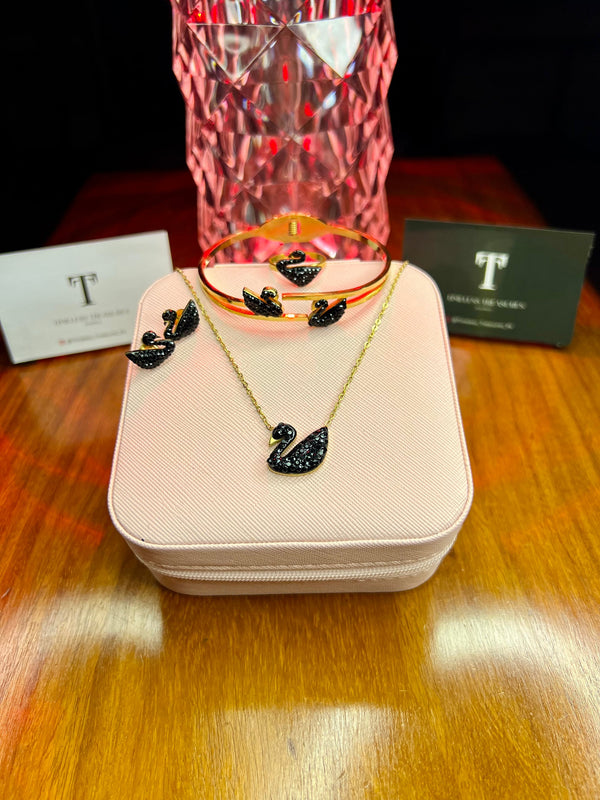 Stainless Swan Bangle, Earring And Necklace Set