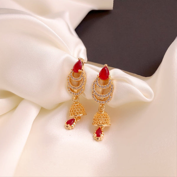 Golden Stainless Steel Earrings with Red Stone & Jhumka Style | IndusNoor Jewellery